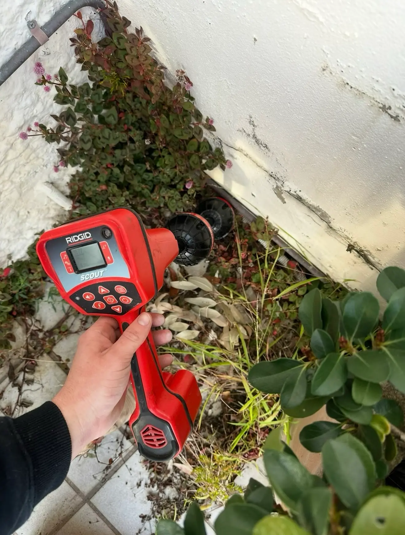 RIDGID pipe locator held over a garden bed beside a house wall, tracing the line underground